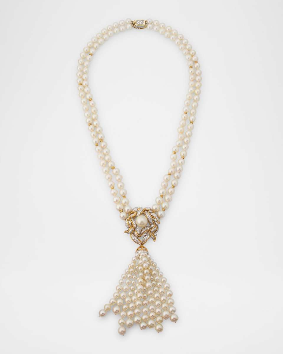 Estate Akoya and South Sea Pearl Double Strand Necklace with Diamonds